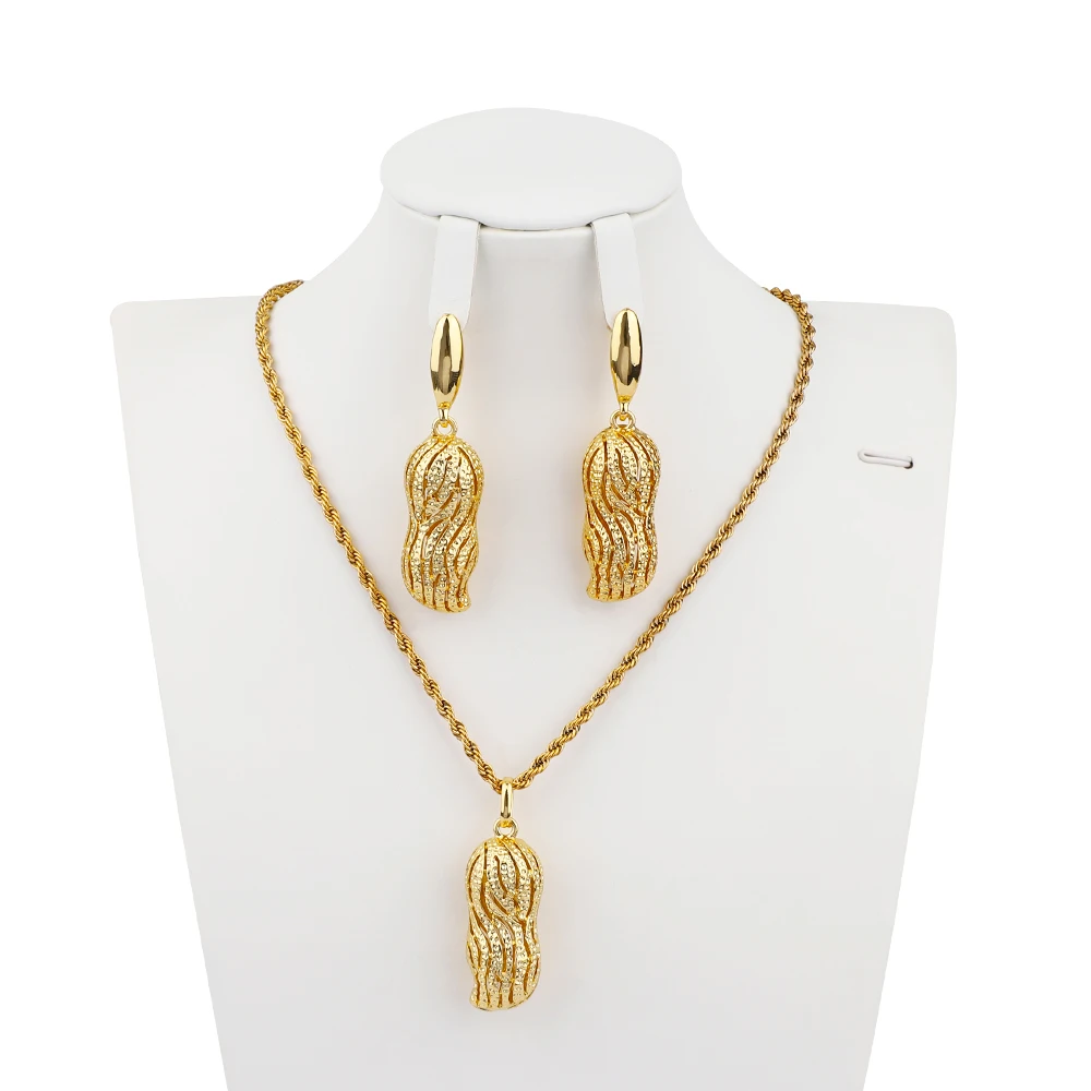 

Indian Hollow Stripe Gold Color Peanut Pendant Necklace Earrings Cute Daily Style Nigeria African Wedding Bridal Accessories