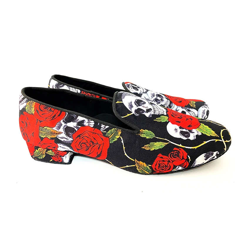 Zapatos de Baile Low Heel 2cm  Halloween Skull Red Flower Fabric SUEDE Outsole Bachata Latin Salsa Men Dance Shoes Indoor