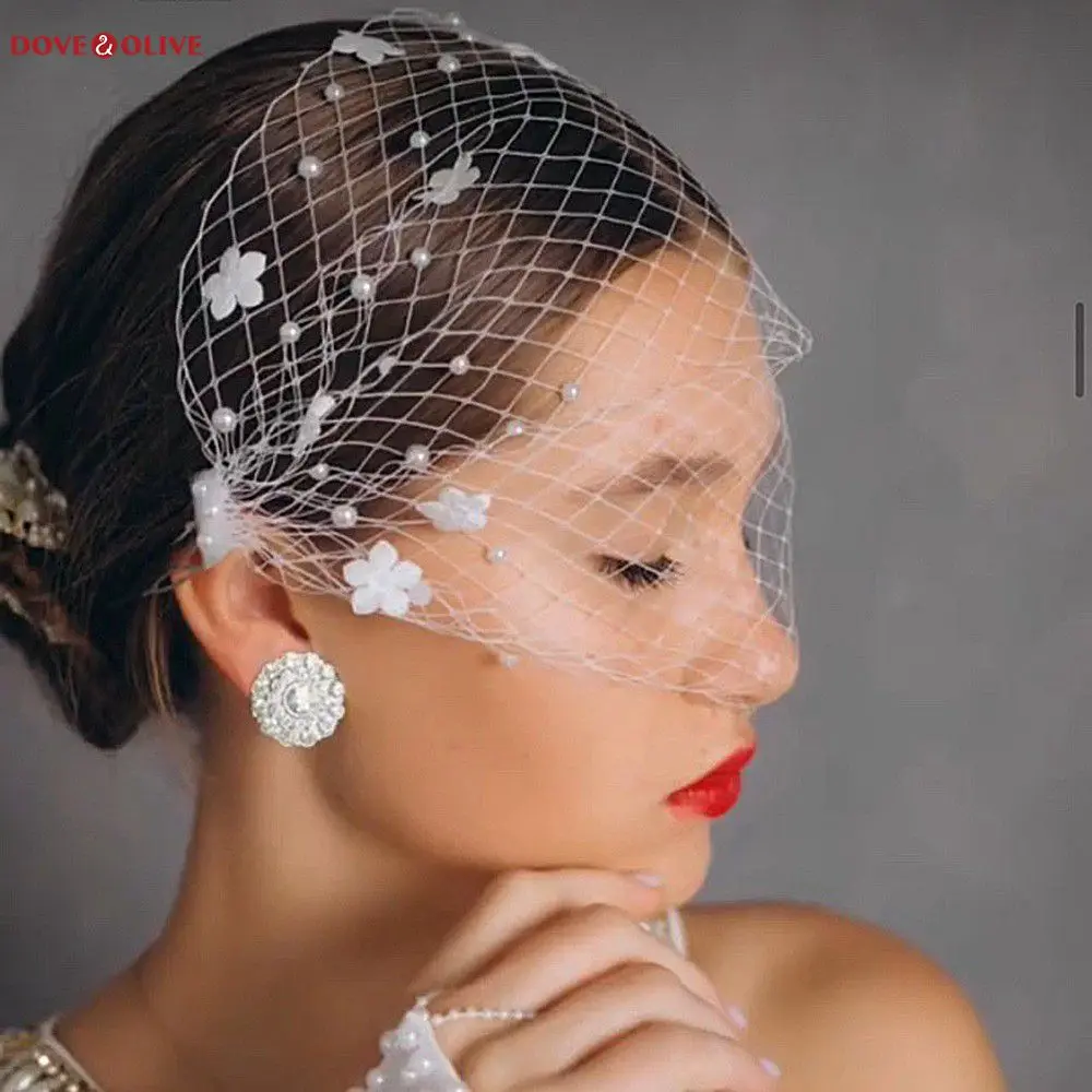 

Birdcage Veil White Black Headband for Brides Pearls Floral Cover Face Net Mask Hair Jewelry Accessories Wedding Headwear