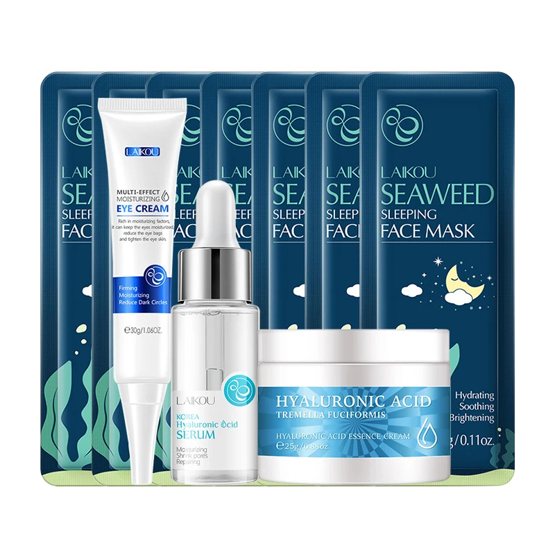 

LAIKOU Moisturizing Face Skin Care Set Seaweed Essence Collagen Face Cream Face Serum Facial Sleeping Mask Beauty Makeup Suit