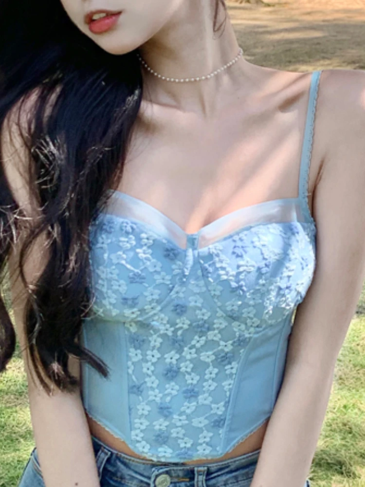 

Blue Korean Style Sweet Crop Tops 2022 Lace Casual Sexy Elegant Chic Camisole Female French Designer Halter Top Beach Summer New