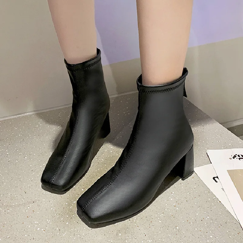 Winter Womens Heels Black Zipper Mid Calf Boots Pu Leather High Heel Ankle Boots female Fashion Chelsea Boots Zapatos De Mujer
