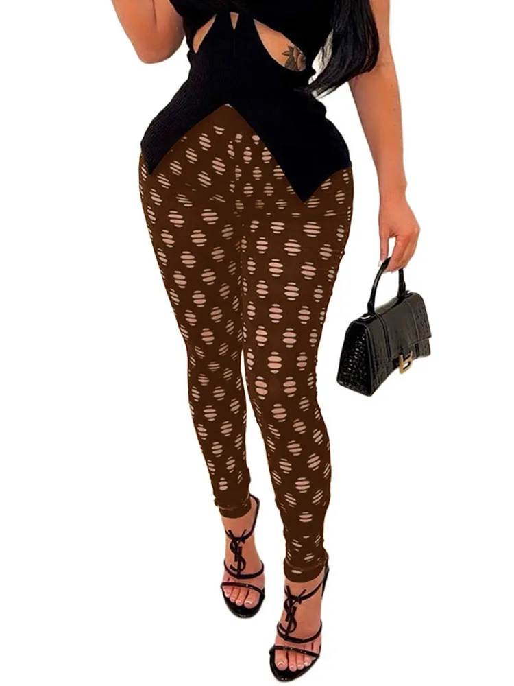

Szkzk Summer 2022 New bodycon Mesh Holes trousers Women perspective sexy club party high waist Tight Hollow out Leggings pants