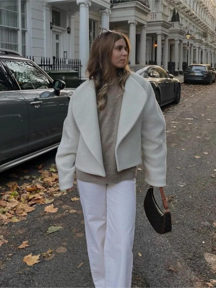 

Women Elegant Solid Wool Cardigan Fashion Long Sleeves Partchwork Short Coat 2023 Autumn Winter Ladies Chic Streetwear Outwear