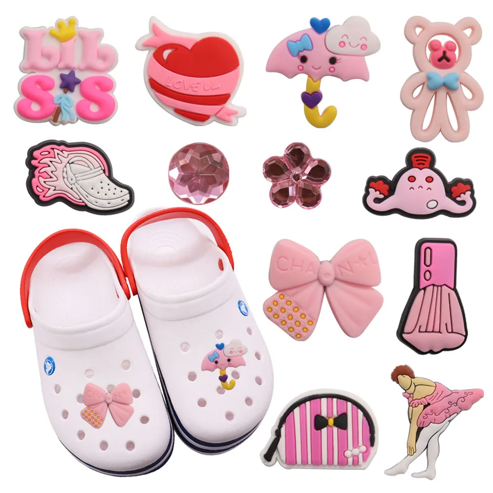 

Mix 50PCS PVC Croc Charms Heart Umbrella Cloud Flower Makeup Brush Bear Pack Bow Dancer Hole Slipper Decoration Accessories