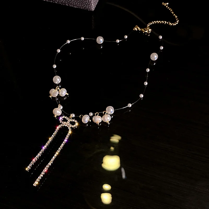

Fashion Pearl Bowknot Tassel Necklace French Romantic Style Jewelry Trendy New Bohemian Clavicle Chain Dainty Commemorative Gift