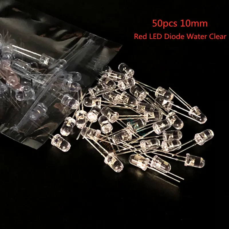 

50pcs 10mm Red LED Diode Water Clear 20mA 2V 620-625nm Light Round Ultra Bright Through Hole 10 mm LED Lamp