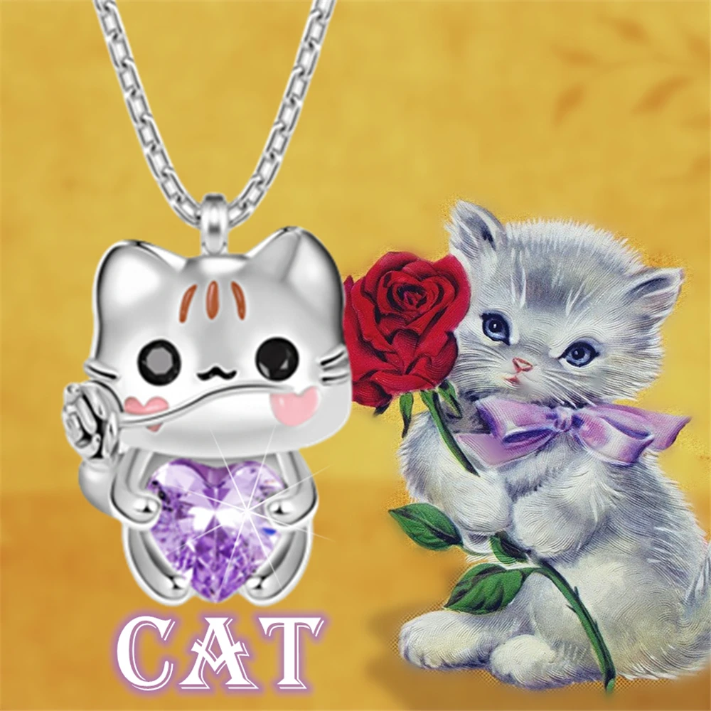 

Unique Cartoon Cat Heart Amethyst Pendant Necklace for Women Exquisite Animal Jewelry Party Accessories Lovely Girl Birth Gifts