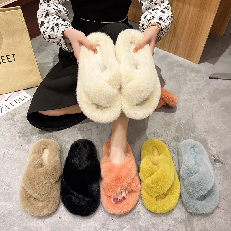 

Flat Shoes Female Candy Colors Woman's Slippers Flock Slides Fur Flip Flops Low 2022 Plush Massage Basic Rome with fur Hoof Heel