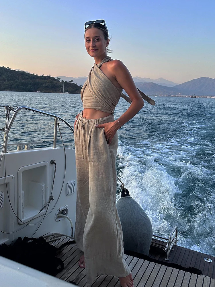 

Backless Fashion Linen Cotton 2 Pcs Outfits Sleeveless Crop Top Pants Set Autumn Summer Solid Wide Leg Long Pants Casual Set