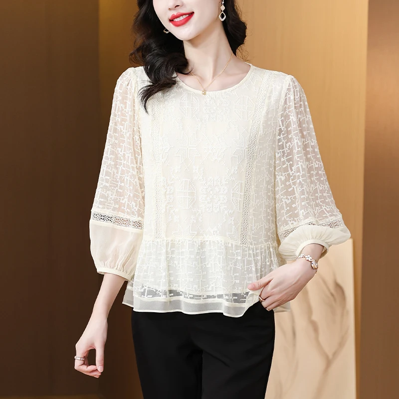 Женская блузка с вышивкой элегантная Свободная Повседневная белая из шелка