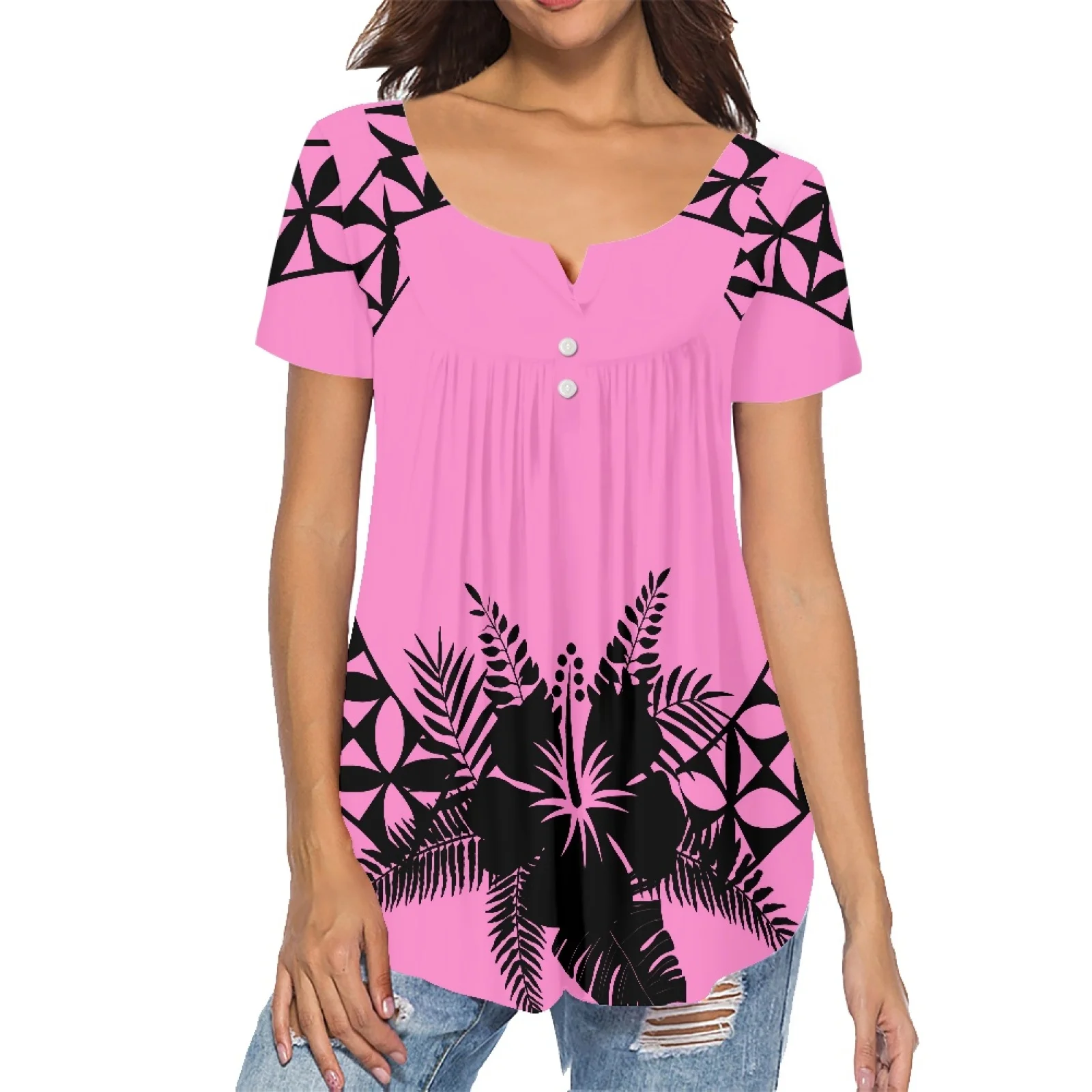 

Polynesia Hawaii Samoa Summer Girls Shirts Fashion Hibiscus Flowers Women Clothing Short Sleeve V-neck Casual Women T-Shirts