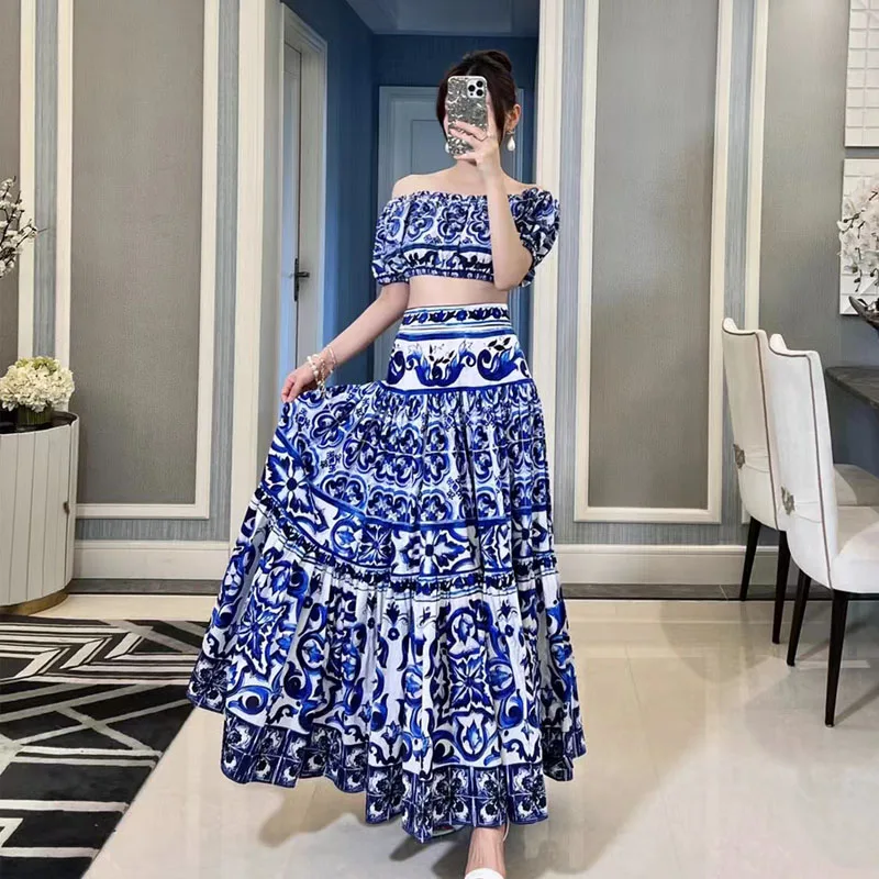 

High Quality Women's Skirt Fashion Runway Poplin Cotton Blue and White Porcelain Print Midi Skirt Versatile Holiday Summe