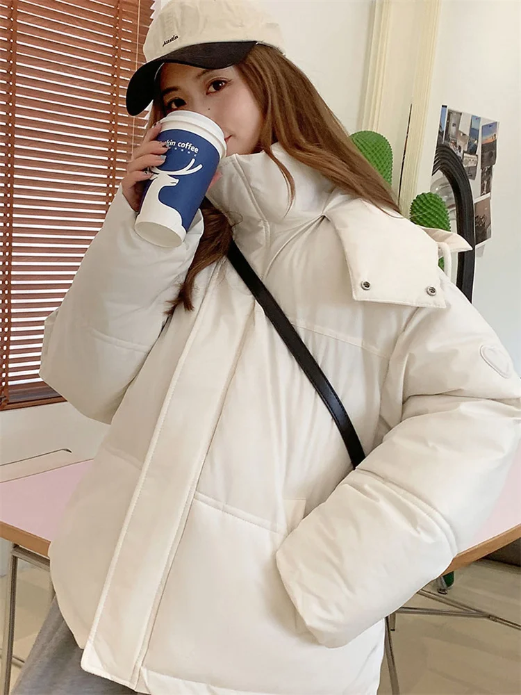 

Женское короткое пальто из хлопка, толстое теплое пальто свободного покроя с капюшоном в Корейском стиле, Осень-зима 2023
