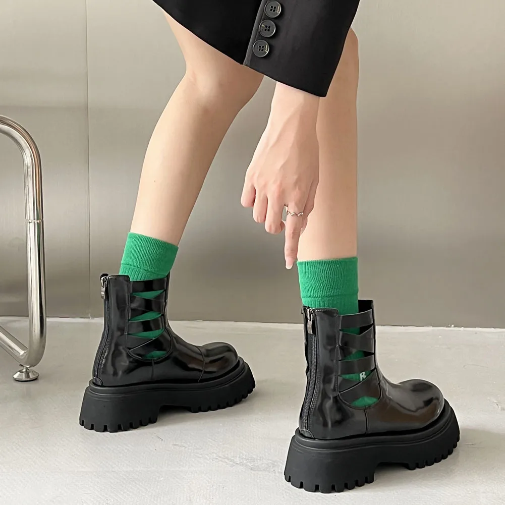 LapoLaka 2022 Fashion Black Thick Heel Ankle Boots Round Toe Hollow Out Back Zipper Premium Quality Women Boots