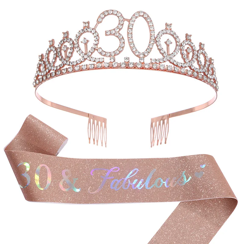 

2pcs/Set Birthday Party Crown Sash 18 21 30 40 50 Crystal Crown Tiara Printing Etiquette Belt Decoration Suit Party Supplies