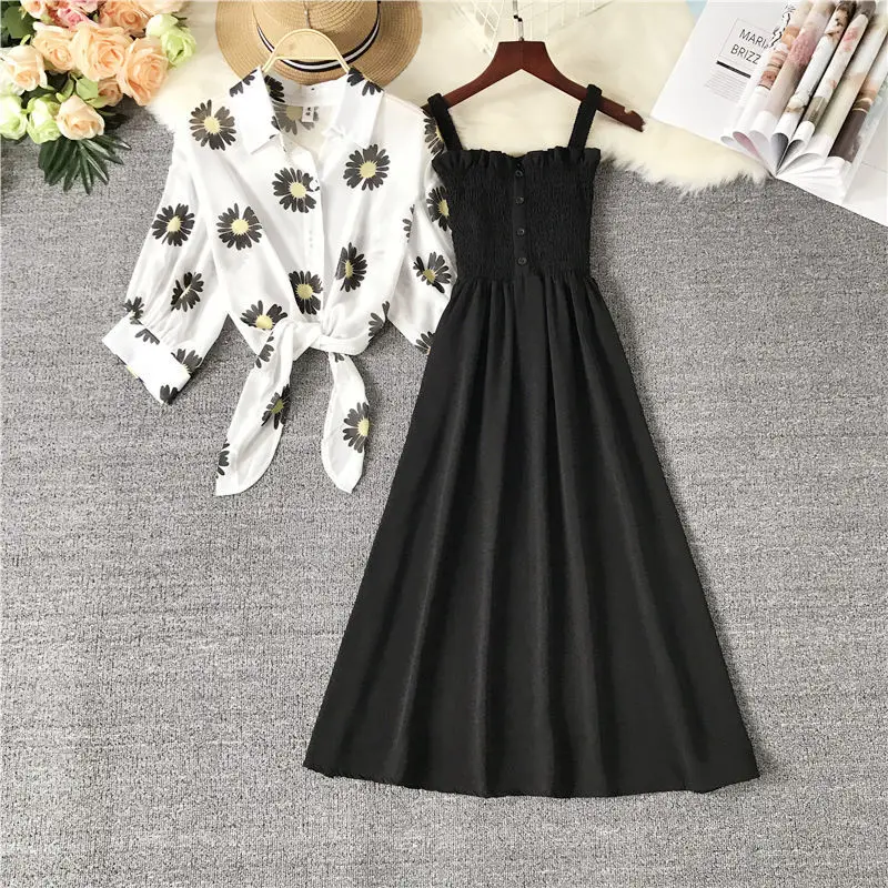 

Women 2022 Summer Dress Suit Female Fashion New Retro Printed Chiffon Chiffon Blouse and Sleeveless Dresses Two-piece Set N71