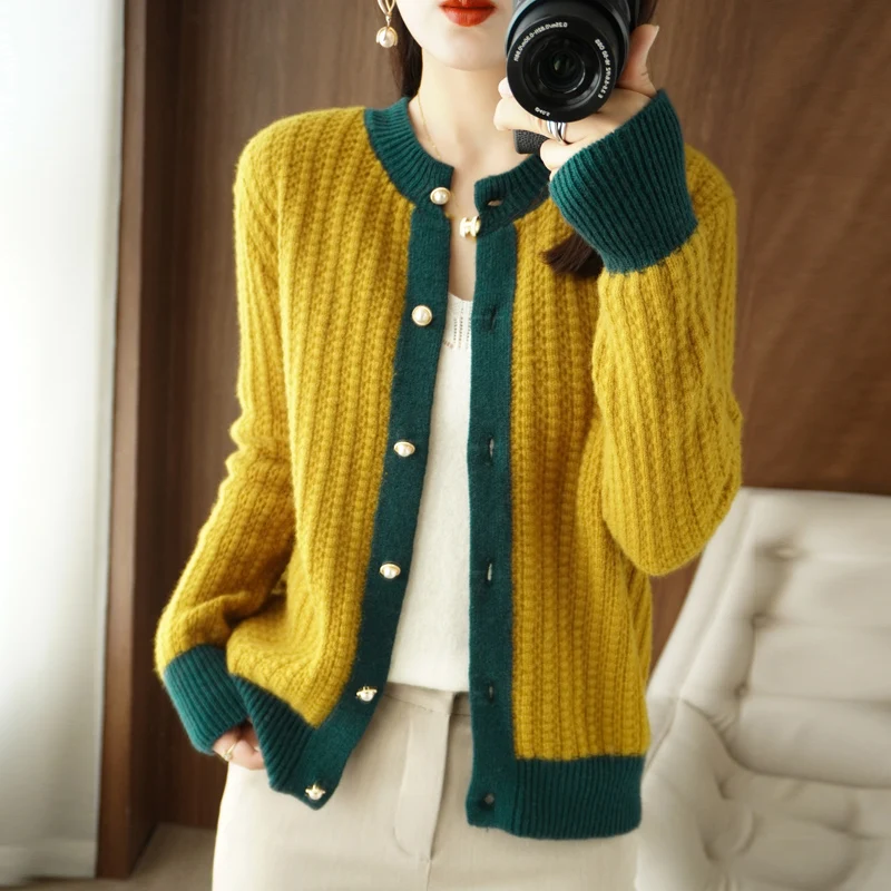 

Vintage Elegant O-Neck Cardigans Women 100% Wool Sweaters Autumn Winter Casual Fashion Loose Thicken Warm Color Blocking Coats