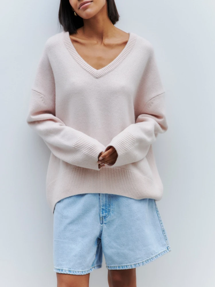 

LOOSE V-Neck Women's Sweater Rose Red Fashion Long Sleeve Top Women Pulovers Basic Autumn and Winter New Sweaters for Women 2023