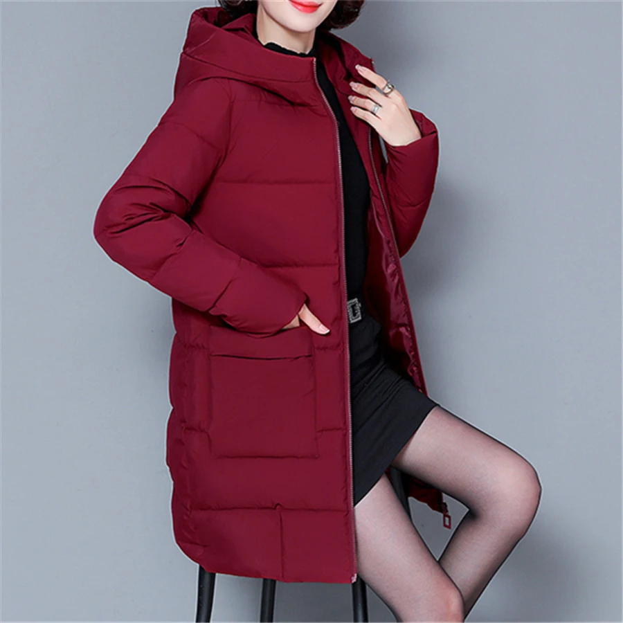 Winter Oversized 5XL Loose Hooded Cotton Padded Coat Women Warm Thin Parka Casua Mid-length Basic Solid Outwear Snow Jacket New