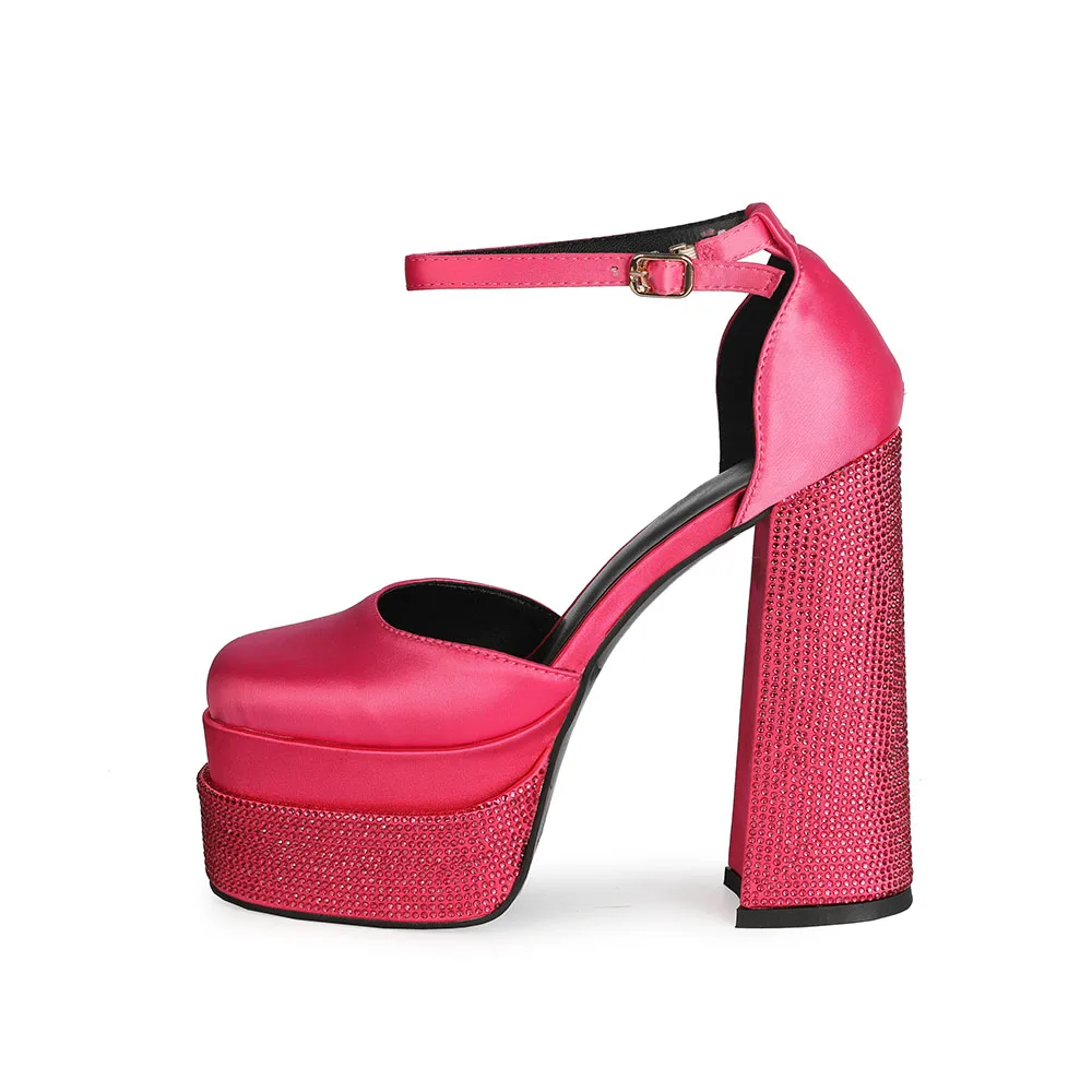 

Ohichiic Mary Janes Silk Crystal Platform Sandals High Heels Pumps