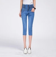women high waist button jeans summer knee length female tight elasticity small denim pants korean version cuffs thin jean pop