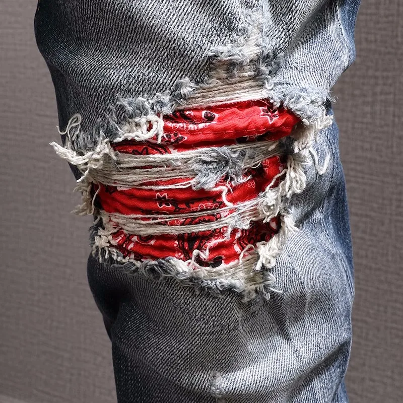 High Street Fashion Men Jeans Retro Blue Elastic Stretch Skinny Fit Ripped Jeans Men Patched Designer Hip Hop Brand Pants Hombre