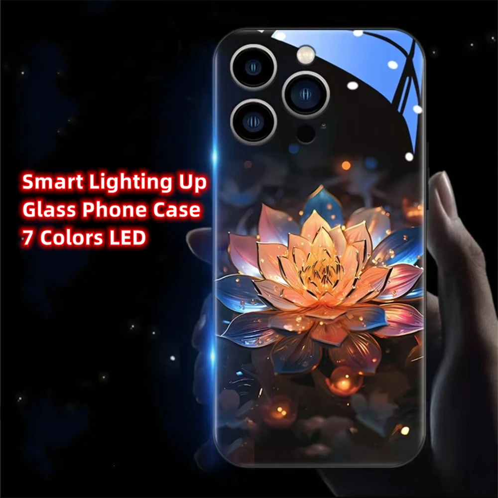 Фото Чехол для телефона Crystal Lotus Luminous Glass со светодиодной подсветкой и вспышкой для Samsung S25 S24 S23 S22 S21 S20 FE Note 20 Plus Ultra №1