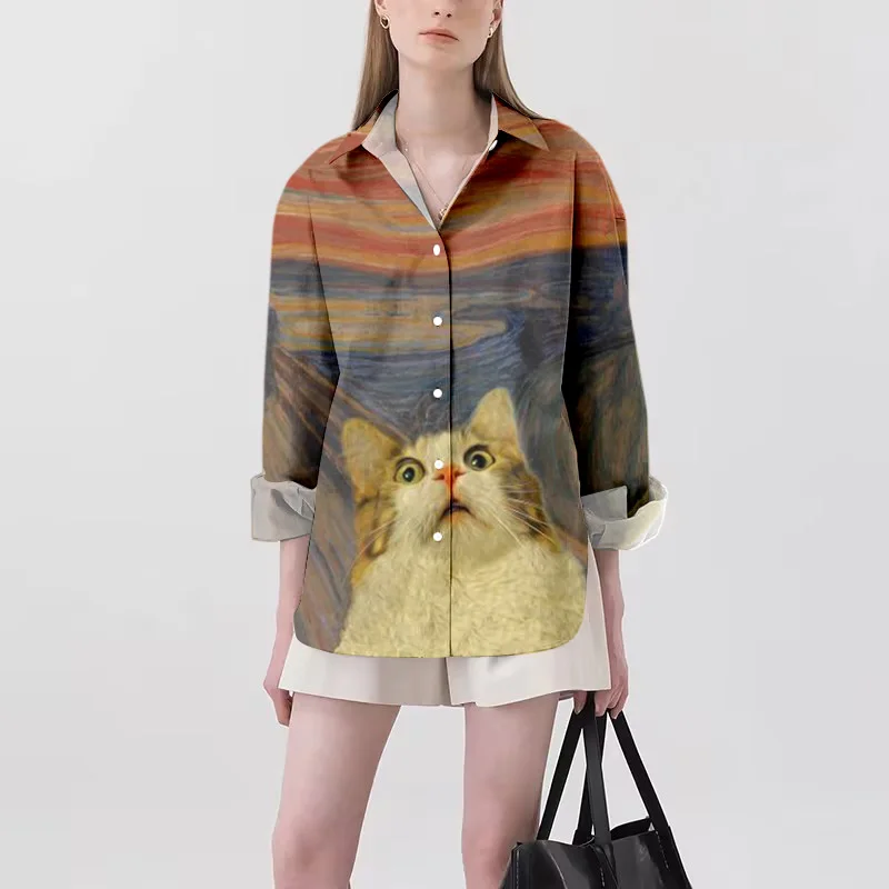 Fashionable Retro Women Cat Printed Shirt New 3D Animal Hawaiian Y2k Casual Button V-neck Loose American Oversized