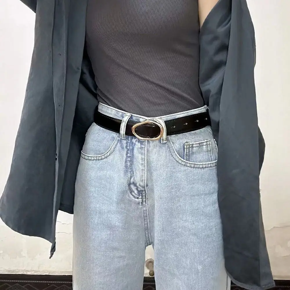 Irregular Oval Metal Buckle Decorative Jeans Female Waistband PU leather Belt Korean Waist Strap Belt Accessories