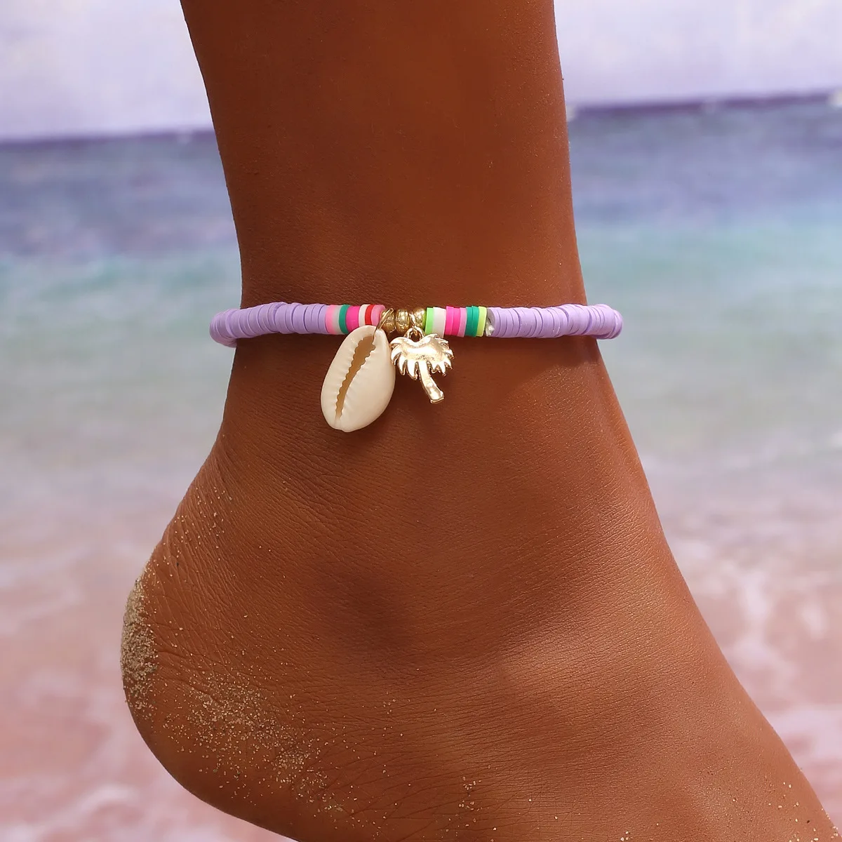 

S2925 Fashion Jewelry Soft Pottery Alloy Colorful Foot Ornaments Anklet Coconut Tree Shell Beaded Beach Anklets