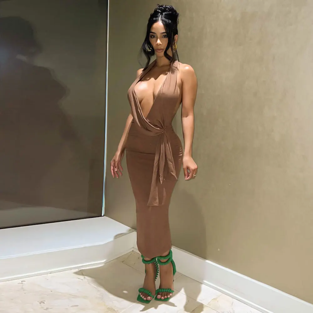 

Zabrina Dress Sexy Summer Elegant Party Solid Halter Maxi Prom Casual Clothes Y2K Sleeveless Backless Hollow Out Bandage Outfit