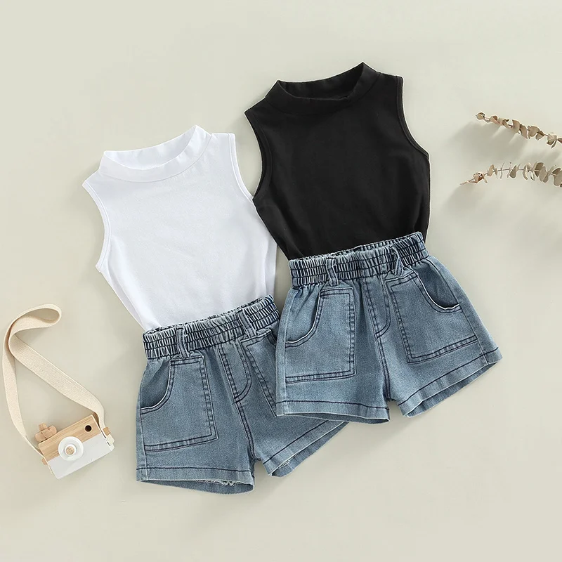 

Toddler Kids Casual Fashion Outfits Solid Color Sleeveless Tank Tops + Denim Shorts Summer Clothing Sets for Baby Girls