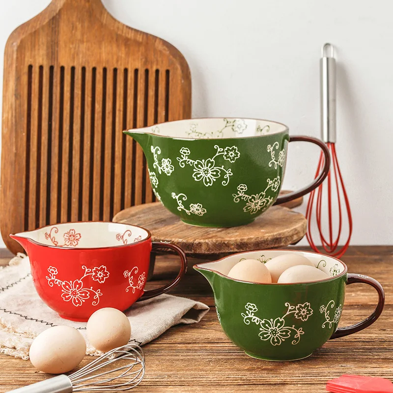 

Mixing Bowl 500ml / 1000ml Ceramic Bowl Hand-painted Tableware Household Pointed Mouth Bowl Baking Bowl with Handle Large Bowl