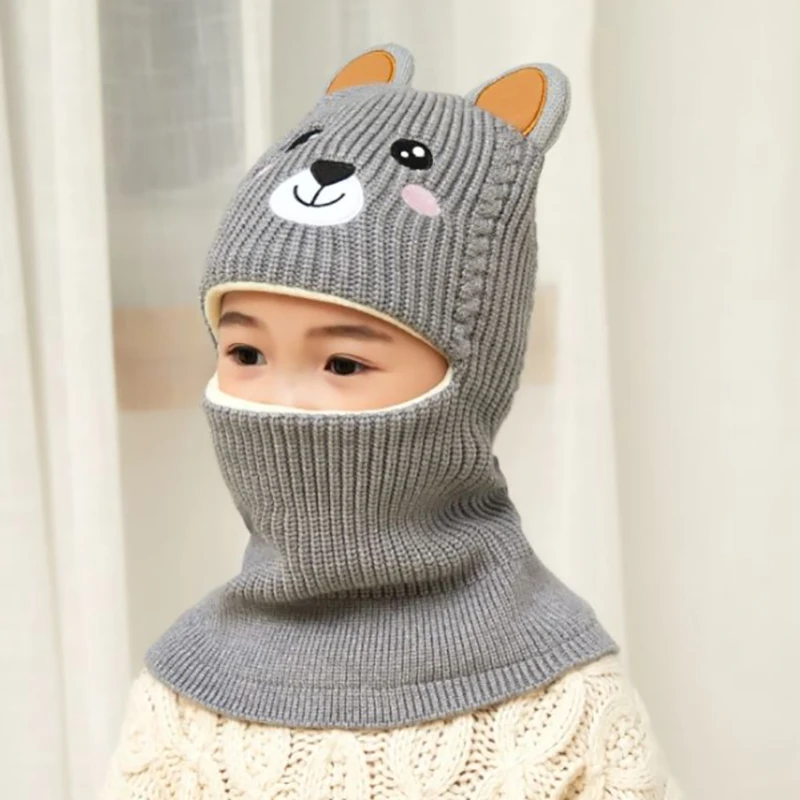 

New Baby Girl Winter Hat Warm Lovely Bear Ear Skullies Beanies Knitted Cap Kids Balaclava Mask Hats Gorras Earmuff Scarf