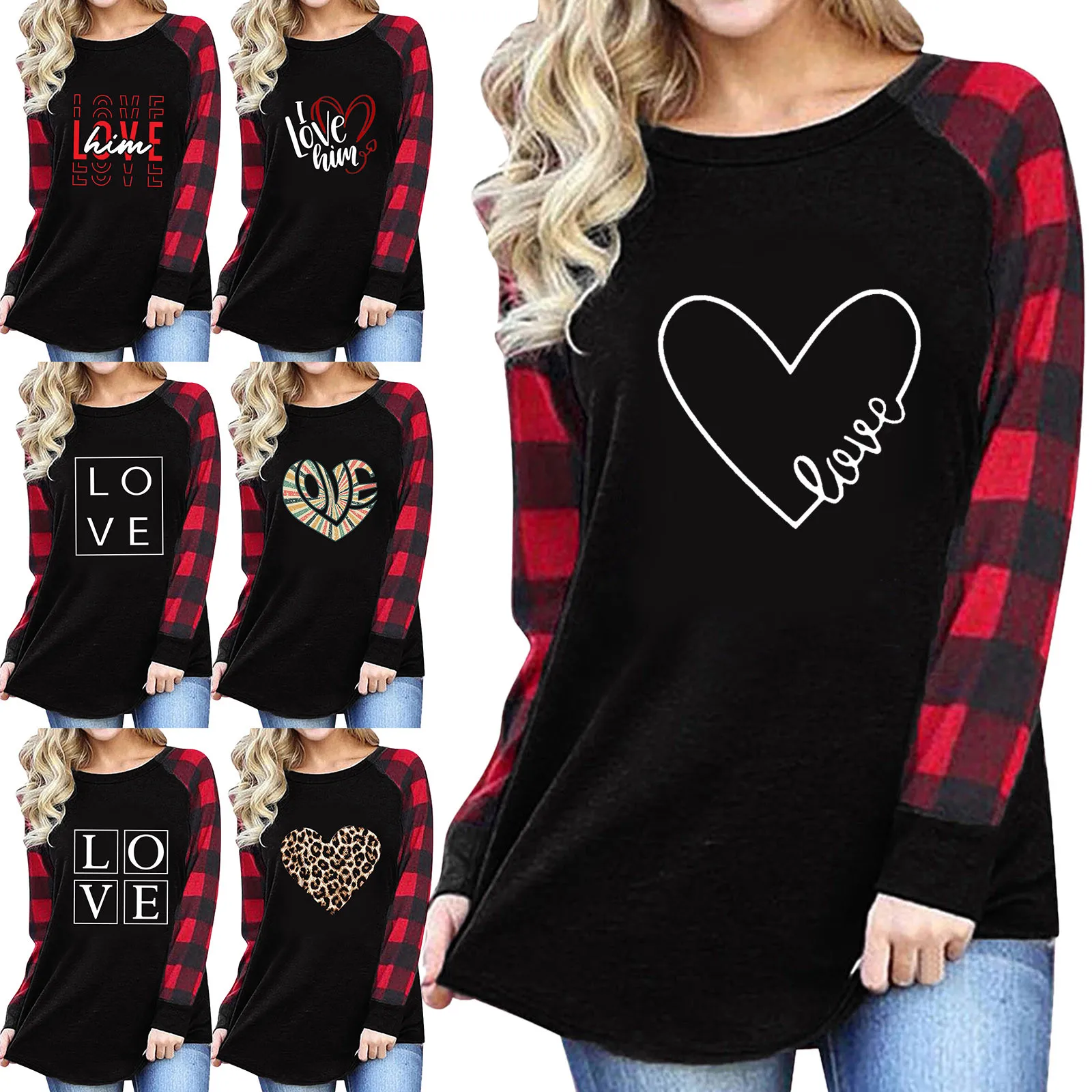 

Womens T Shirt Plaid Long Sleeve Shirts 2023 New Year Round Neck Love Letter Heart Printing Top Women Clothes For Valentines Day