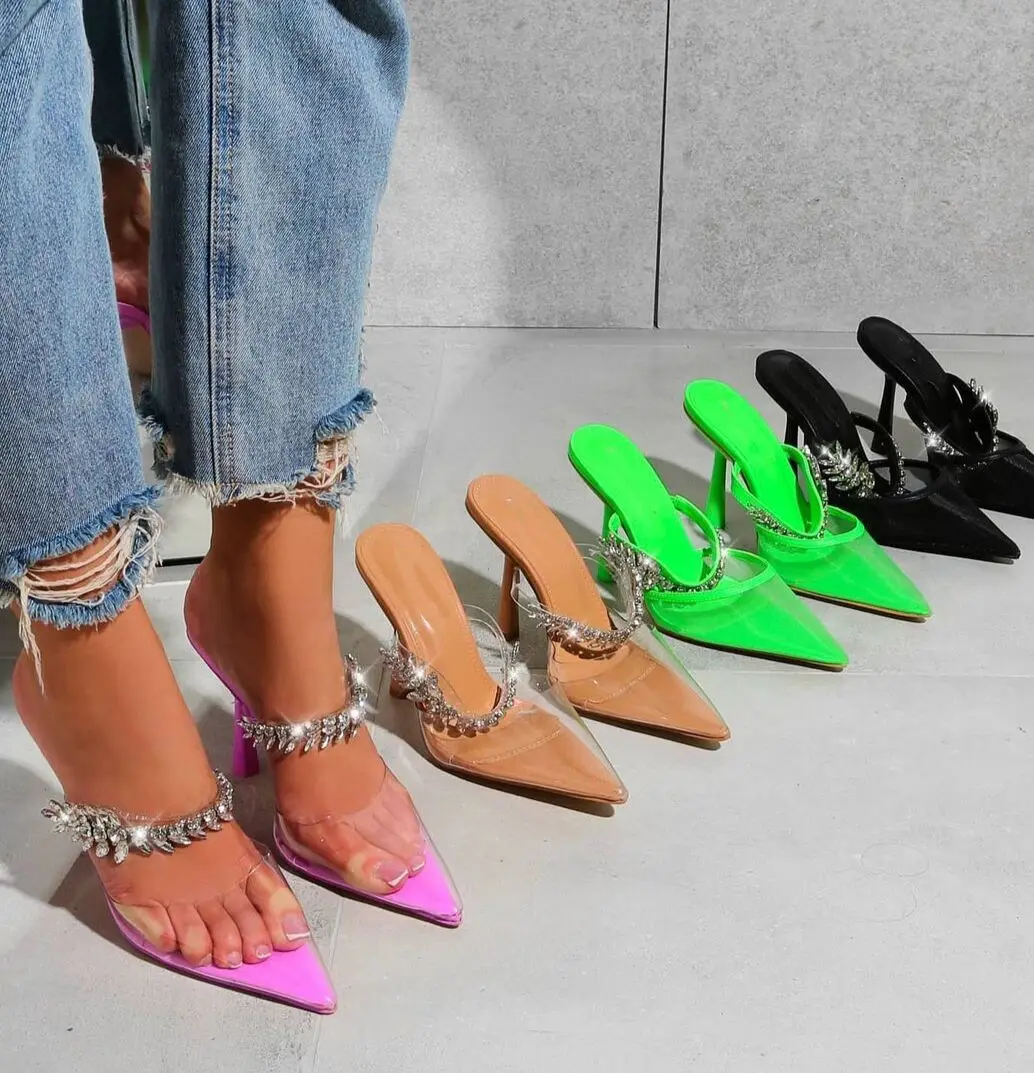

2022 NEW Women Shoes Slides Slipper PU Thin Heel Leisure Metal Decoration Bordered Outside Casual Apricot