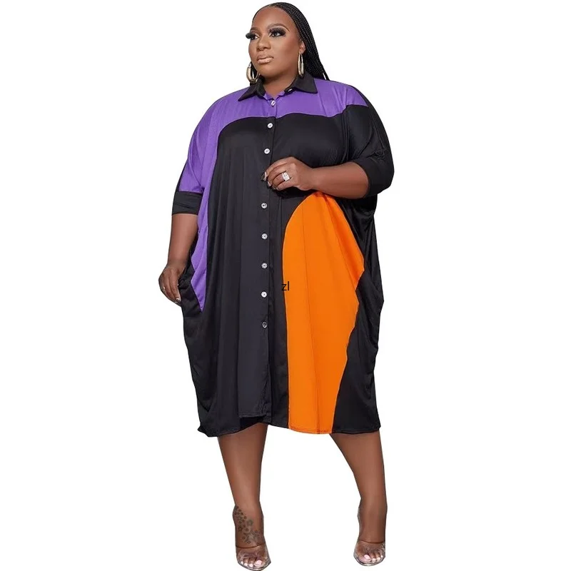 

5XL 4XL Summer African Midi Dress Three Quarter Sleeve Turn-down Collar Daily Evening Party Dress African Dresses For Women