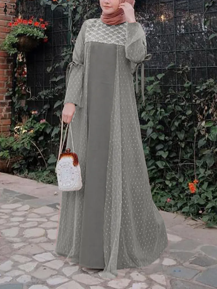 

ZANZEA Fashion Women Lace Patchwork Muslim Turkey Hijab Dress Casual Dubai Abaya Maxi Sundress Islamic Clothing Robe Femme
