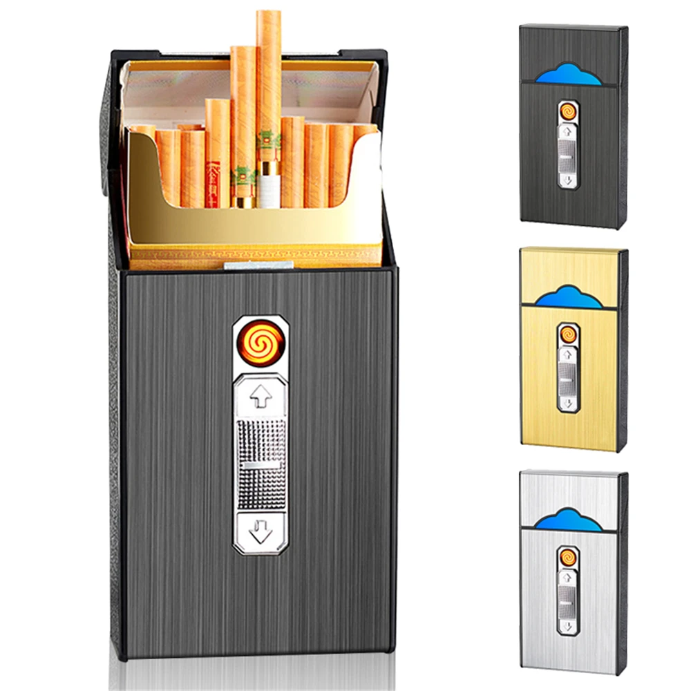 

Cigarette Case With Lighter 20pcs Capacity Thin Cigarette Storage Box Tobacco Holder USB Charging Lighter Smoking Accessories