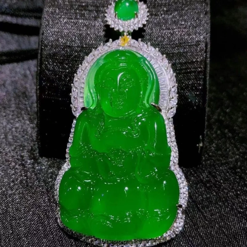 

925Silver Inlaid High Ice Emperor Green Chalcedony Large Avalokitesvara Pendant White Agate Jade Necklace Clavicle Chain Pendant