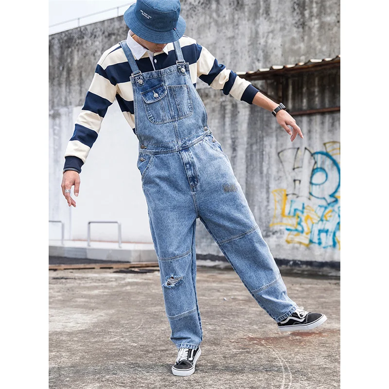 Mens Jeans Spring Autumn Khaki Suspenders Japanese Fashion Men's Youth Loose Straight Multi-pocket Overalls Bibs