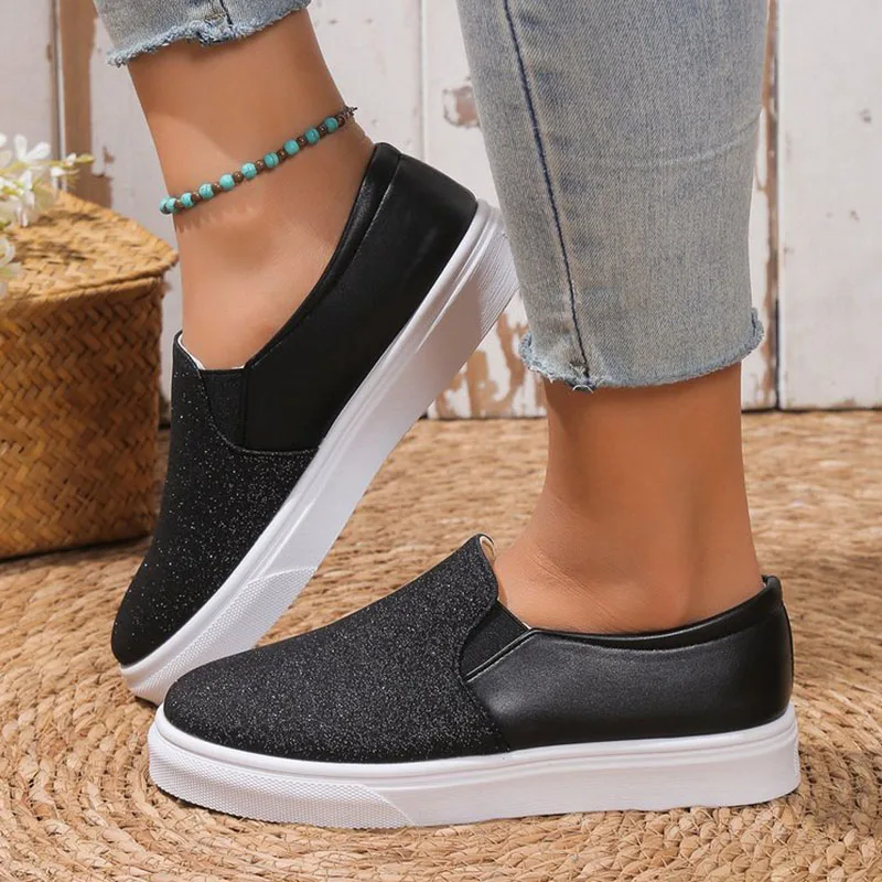 

2023 New Women's Sneakers Street Slip-on Flat Board Shoes Fashion Bling Sequin Leather Casual Shoes Large Size 36-43 Women Shoes