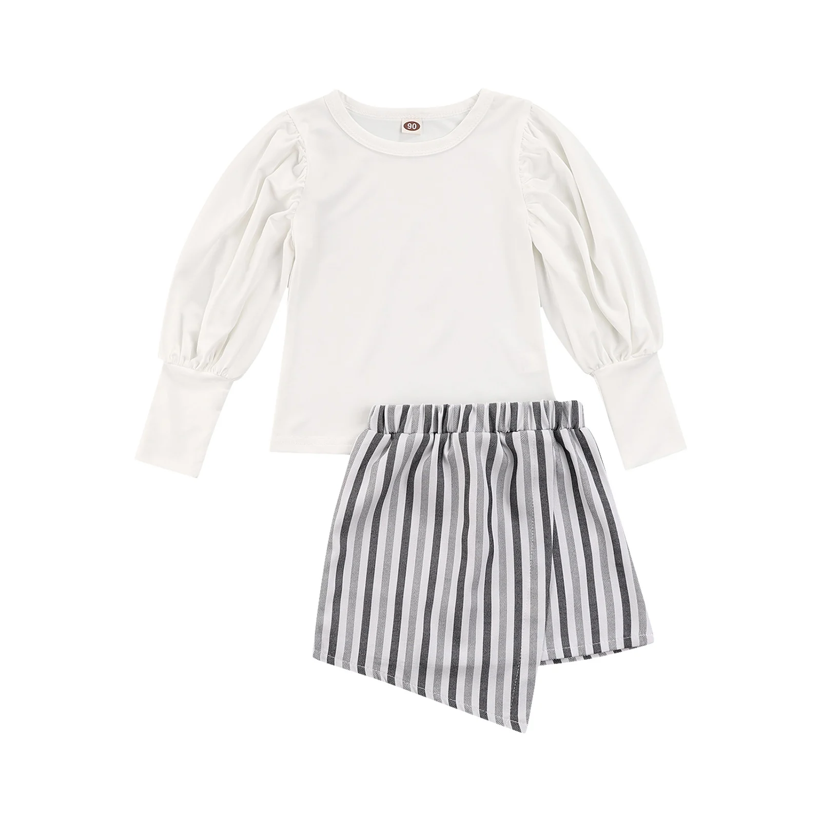

Baby Girl Tops, Skirt Suit, Long Sleeve Round Neck High Waist Striped Irregular Hem Half Dress