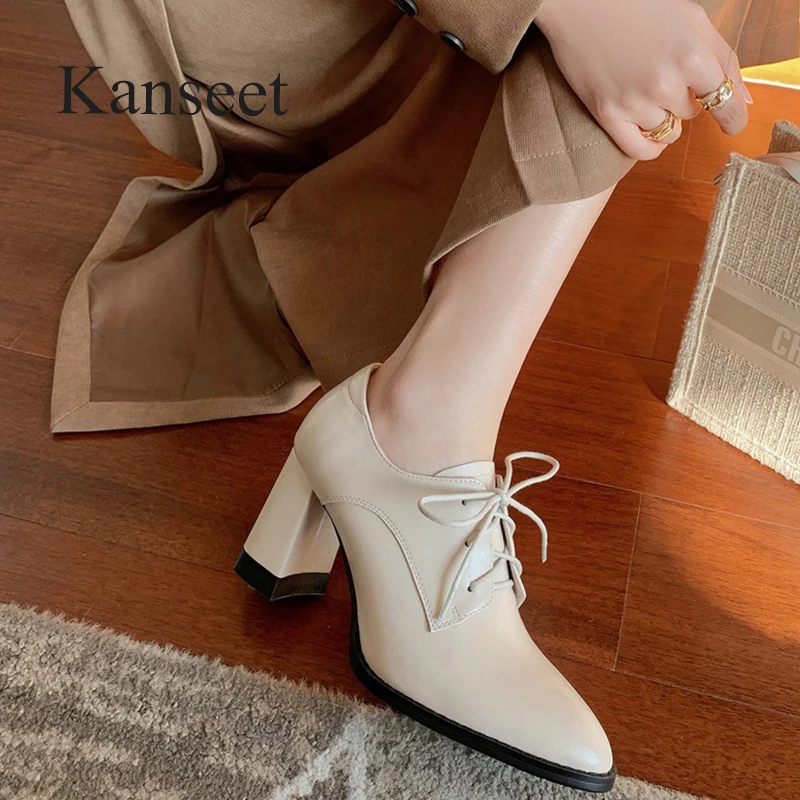 

Kanseet Women's Shoes 2022 New Spring Pointed Toe Genuine Leather Pumps Elegant Handmade Thick High Heels Ladies Footwear 40
