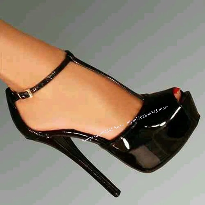 Черные блестящие кожаные туфли-лодочки на платформе с пряжкой модные пикантные