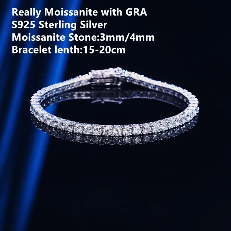 

Real 3mm 4mm Moissanite Sparkling Full Diamond GRA S925 Sterling Silver Luxury Wedding Party Diamond Jewelry Bracelets For Women