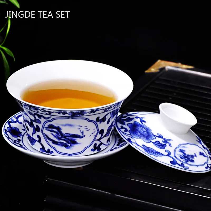 

Сине-белая фарфоровая чайная чашка Цзиндэчжэнь Gaiwan ручной работы чайная чаша китайская керамическая чайная посуда аксессуары посуда для н...