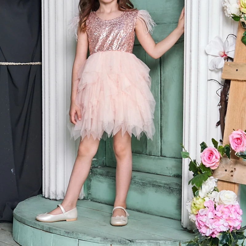 

Tiered Pleat Girls Birthday Gowns V-back Sleeveless Flower Girl Dress Sequin Princess Ball Gown Junior Bridesmaid Dresses