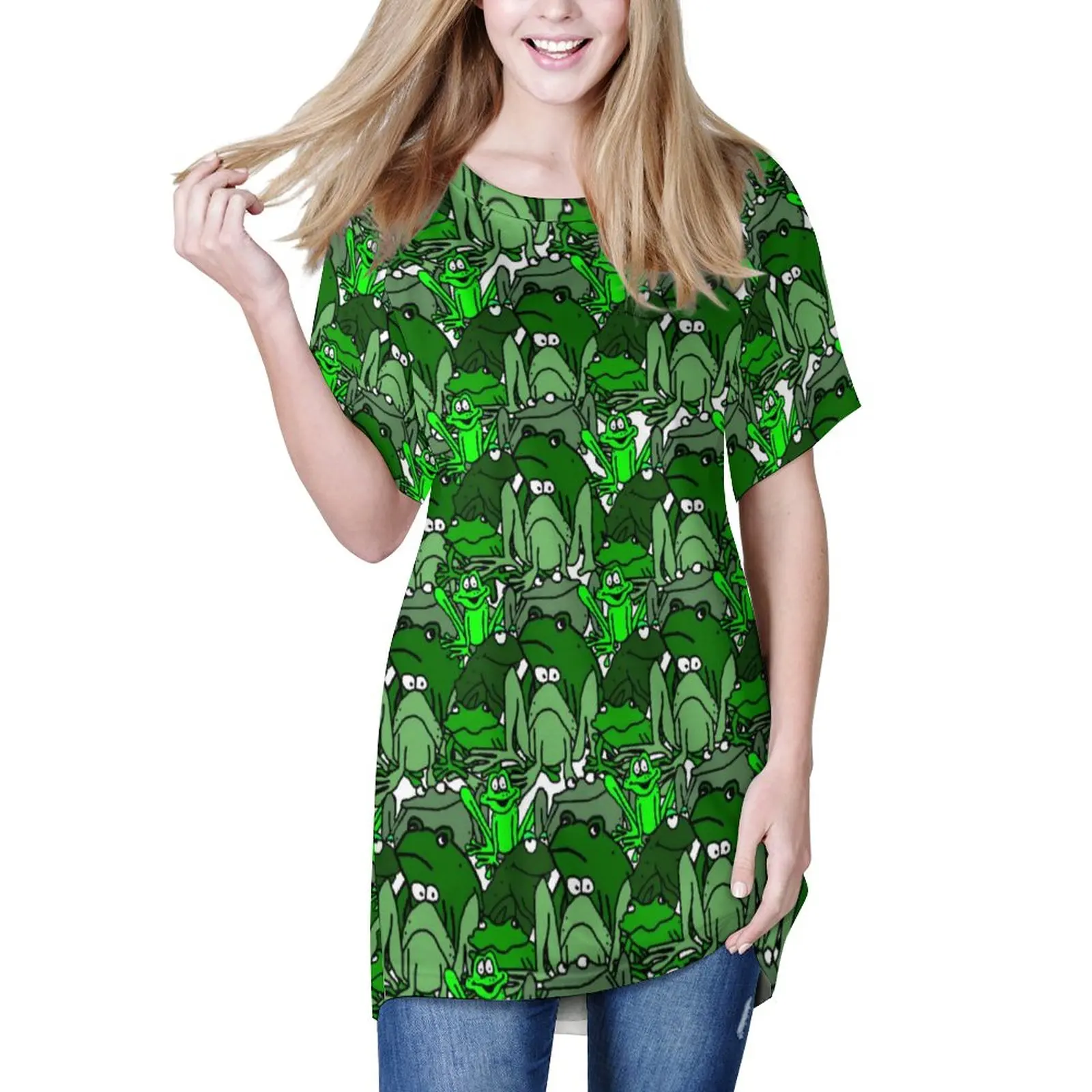 

Забавная футболка с зеленой лягушкой, крутые Длинные футболки с мультяшным принтом животных, повседневные футболки с коротким рукавом, жен...